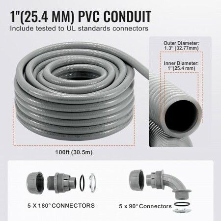 25.4 mm Flexible Electrical Conduit 30.5 m PVC Liquid-Tight Conduit Non-Metallic with 5 Straight and 5 90-Degree Conduit Connector Fittings