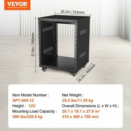 12U AV Rack Stand 226.8 kg Capacity Network Stereo Recording Studio Rack