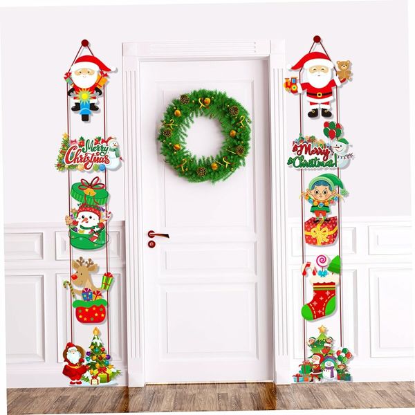 Merry Christmas Banner Hanging, 10 Cards Christmas Door Sign with Santa, Snowman Images, Xmas Porch Door Sign Welcome Banner for Home Winter Xmas, C