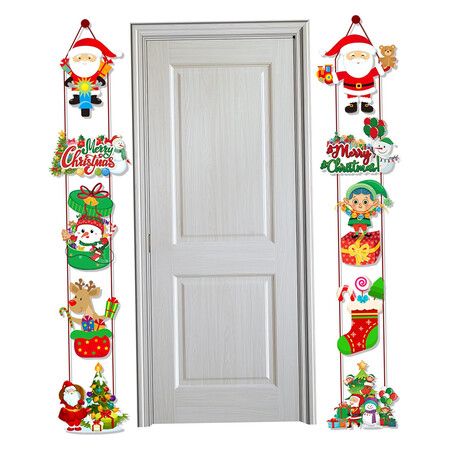 Merry Christmas Banner Hanging, 10 Cards Christmas Door Sign with Santa, Snowman Images, Xmas Porch Door Sign Welcome Banner for Home Winter Xmas, C