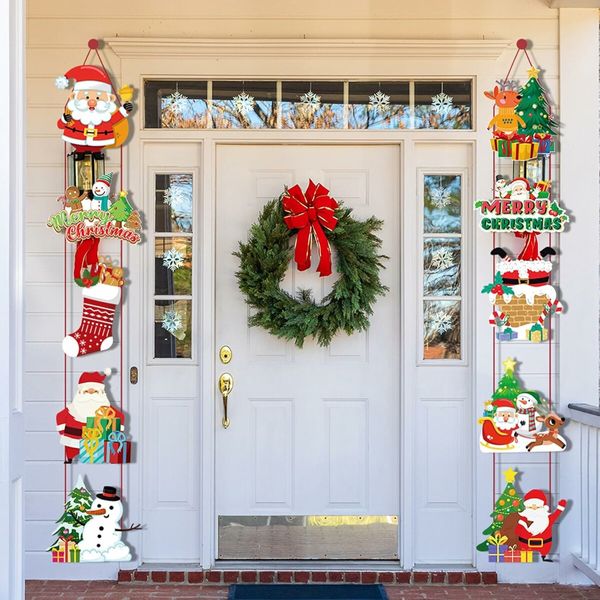 Merry Christmas Banner Hanging, 10 Cards Christmas Door Sign with Santa, Snowman Images, Xmas Porch Door Sign Welcome Banner for Home Winter Xmas, B