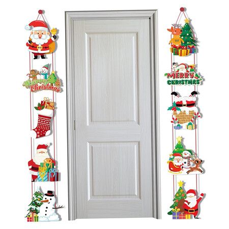 Merry Christmas Banner Hanging, 10 Cards Christmas Door Sign with Santa, Snowman Images, Xmas Porch Door Sign Welcome Banner for Home Winter Xmas, B