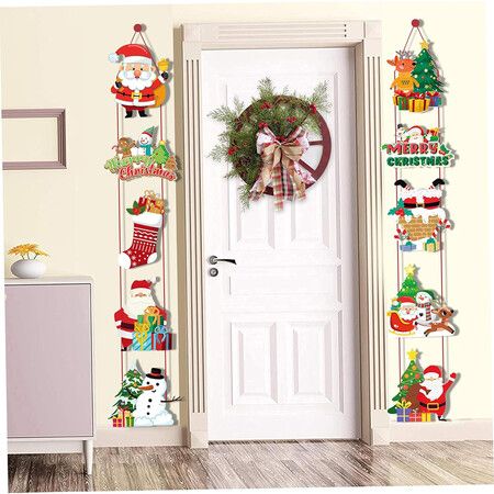 Merry Christmas Banner Hanging, 10 Cards Christmas Door Sign with Santa, Snowman Images, Xmas Porch Door Sign Welcome Banner for Home Winter Xmas, B