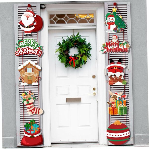 Merry Christmas Banner Hanging, 10 Cards Christmas Door Sign with Santa, Snowman Images, Xmas Porch Door Sign Welcome Banner for Home Winter Xmas, A