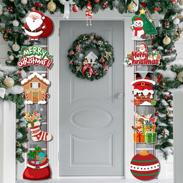 Merry Christmas Banner Hanging, 10 Cards Christmas Door Sign with Santa, Snowman Images, Xmas Porch Door Sign Welcome Banner for Home Winter Xmas, A