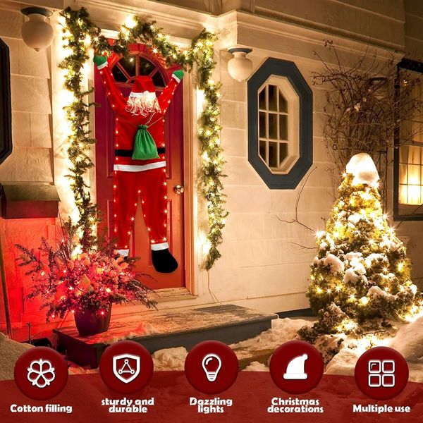 5.5 FT Hanging Santa Claus Decoration, Large Climbing Hanging Santa Claus with LED Light, Cute Christmas Decorations for Indoor Outdoor Wall Window