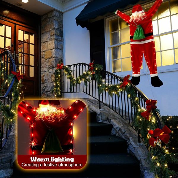 5.5 FT Hanging Santa Claus Decoration, Large Climbing Hanging Santa Claus with LED Light, Cute Christmas Decorations for Indoor Outdoor Wall Window