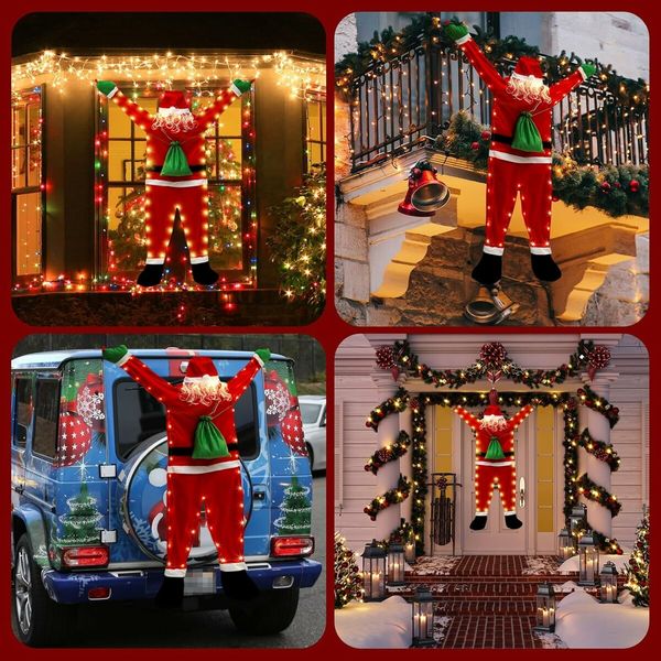 5.5 FT Hanging Santa Claus Decoration, Large Climbing Hanging Santa Claus with LED Light, Cute Christmas Decorations for Indoor Outdoor Wall Window