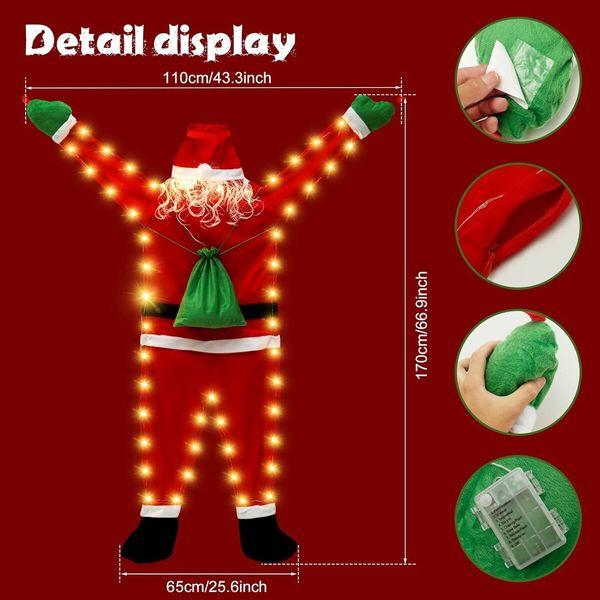 5.5 FT Hanging Santa Claus Decoration, Large Climbing Hanging Santa Claus with LED Light, Cute Christmas Decorations for Indoor Outdoor Wall Window