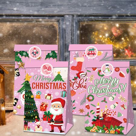 Christmas Gift Boxes Candy Box with Stickers Party Favor Mini Goody Bags Paper Gift Bag,Pink(12 Pieces,4 Styles)