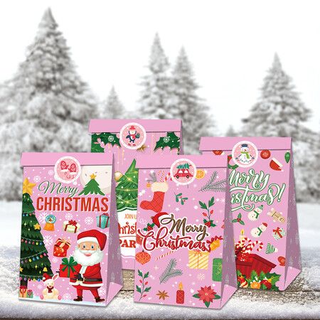 Christmas Gift Boxes Candy Box with Stickers Party Favor Mini Goody Bags Paper Gift Bag,Pink(12 Pieces,4 Styles)