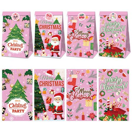 Christmas Gift Boxes Candy Box with Stickers Party Favor Mini Goody Bags Paper Gift Bag,Pink(12 Pieces,4 Styles)