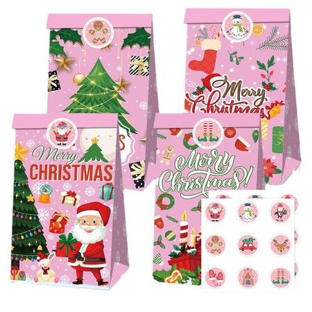 Christmas Gift Boxes Candy Box with Stickers Party Favor Mini Goody Bags Paper Gift Bag,Pink(12 Pieces,4 Styles)