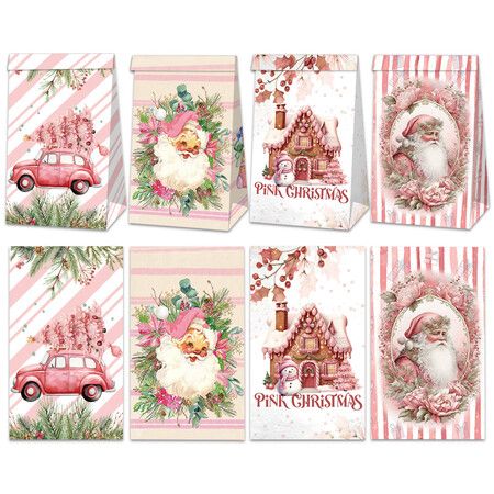 Christmas Gift Boxes Candy Box with Stickers Party Favor Mini Goody Bags Paper Gift Bag,Pink(12 Pieces,4 Styles)