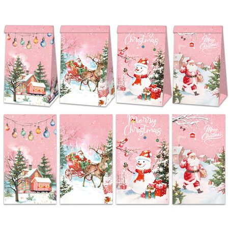 Christmas Gift Boxes Candy Box with Stickers Party Favor Mini Goody Bags Paper Gift Bag,Pink(12 Pieces,4 Styles)