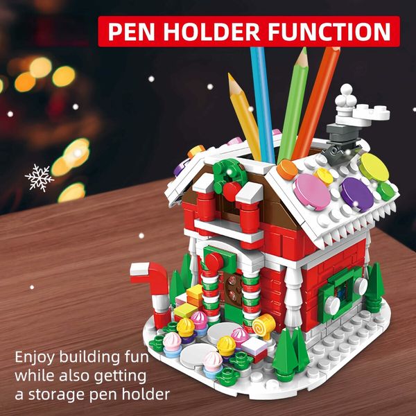 Christmas Building Blocks - Gingerbread House, Xmas Cake Shop Building Blocks Pen Holders, Christmas Playset