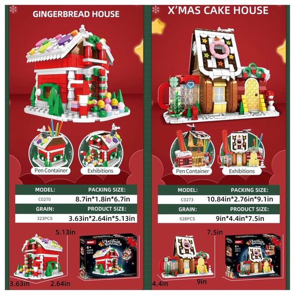 Christmas Building Blocks - Gingerbread House, Xmas Cake Shop Building Blocks Pen Holders, Christmas Playset