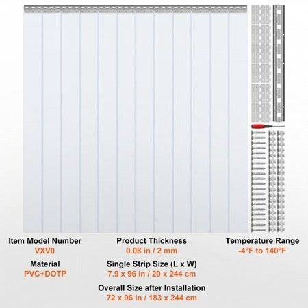 Strip Curtain 96" Height x 72" Width 0.08" Thickness 12PCS Clear PVC Strip Door Curtain Freezer Curtain Plastic Door Strips for Walk in Freezers