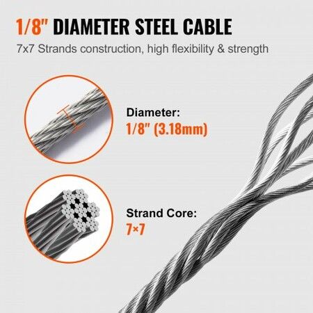 T316 Deck Railing Cable 1/8" Stainless Steel Wire Rope 9144 cm with Cutter Kit 7x7 Strands Construction Marine Aircraft Grade for Handrail Stair Decking