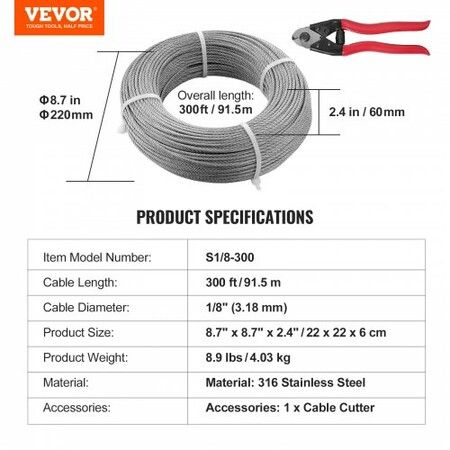 T316 Deck Railing Cable 1/8" Stainless Steel Wire Rope 9144 cm with Cutter Kit 7x7 Strands Construction Marine Aircraft Grade for Handrail Stair Decking