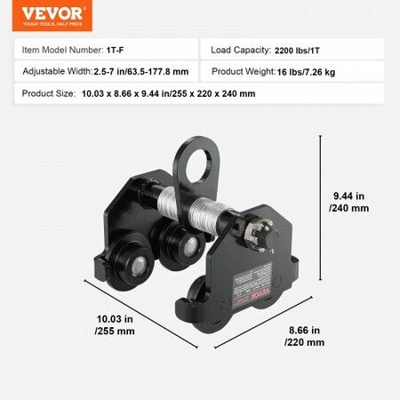 Manual Trolley 1 Ton Load Capacity Push Beam Trolley with Dual Wheels Adjustable for I-Beam Flange Width 63.5 mm to 177.8 mm Heavy Duty Alloy Steel Garage