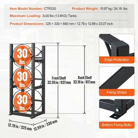 Refrigerant Tank Rack with 3x30lbs Bottle Tanks Cylinder Tank Rack 12.79x12.99x33.07 in Refrigerant Cylinder Rack Gas Cylinder Racks and Holders for Freon