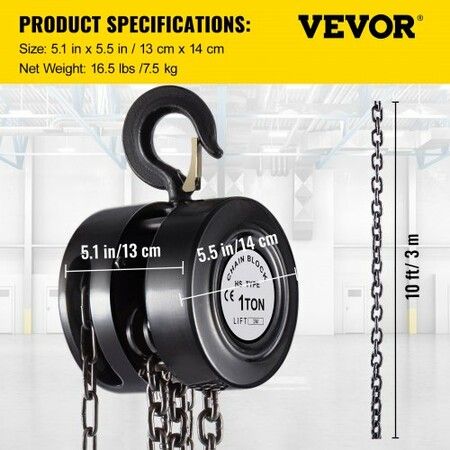 Hand Chain Hoist 2200 lbs /1 Ton Capacity Chain Block 10ft/3m Lift Manual Hand Chain Block Manual Hoist with Industrial-Grade Steel Construction for