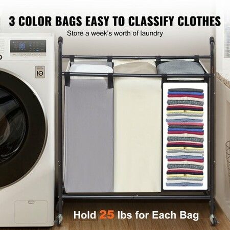 3-Section Laundry Basket Heavy Duty Laundry Hamper Storage Organizer Laundry Sorter Cart with Heavy Duty Lockable Wheels for Dirty Clothes