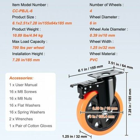 Caster Wheels 152.4 mm Swivel Plate Casters Set of 4 with Security A/B Locking No Noise PVC Wheels Heavy Duty 318 kg Load Capacity Per Caster