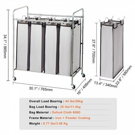 Laundry Sorter Cart 4 Section Laundry Hamper with Heavy Duty Lockable Wheels and 4 Removable Bags Rolling Laundry Basket Sorter for Clothes Storage