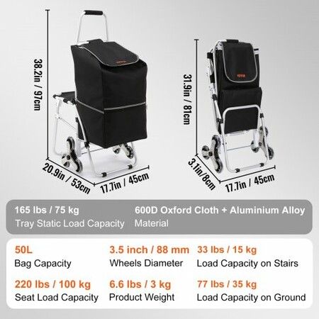 Stair Climbing Cart 50L Foldable Shopping Cart w/ Waterproof Bag & Seat