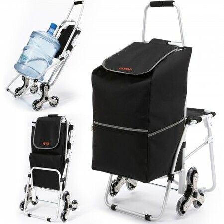 Stair Climbing Cart 50L Foldable Shopping Cart w/ Waterproof Bag & Seat