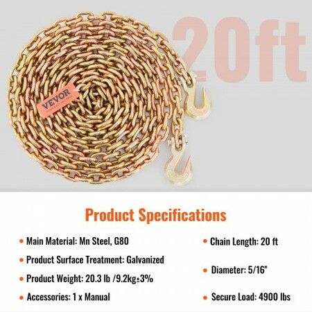 Transport Binder Chain 2222 kg Working Load Limit G80 Tow Chain Tie Down with Grab Hooks DOT Certified Galvanized Coating Manganese Steel for Dock