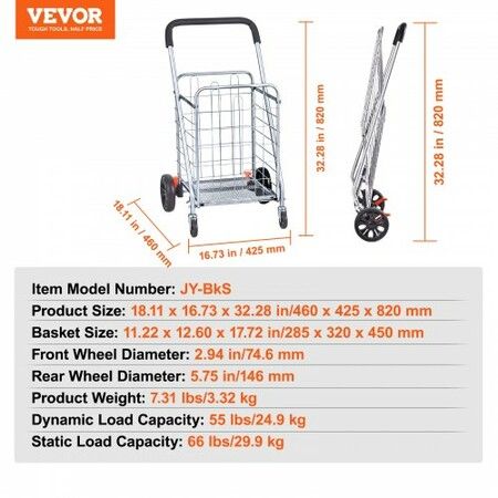 Folding Shopping Cart 66 lbs Max Load Capacity Grocery Utility Cart with Rolling Swivel Wheels Heavy Duty Foldable Laundry Basket Trolley Compact