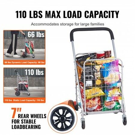 Folding Shopping Cart 110 lbs Max Load Capacity Grocery Utility Cart with Rolling Swivel Wheels Heavy Duty Foldable Laundry Basket Trolley Compact