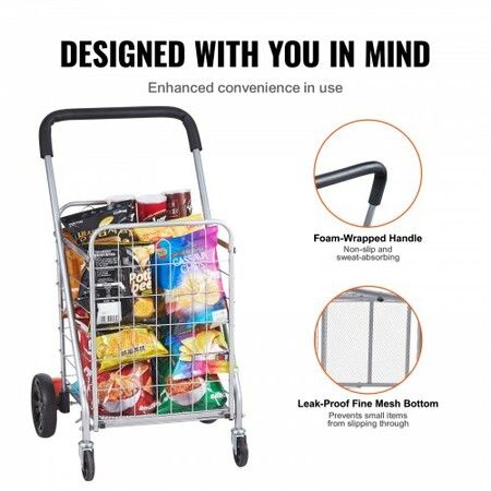 Folding Shopping Cart 110 lbs Max Load Capacity Grocery Utility Cart with Rolling Swivel Wheels Heavy Duty Foldable Laundry Basket Trolley Compact