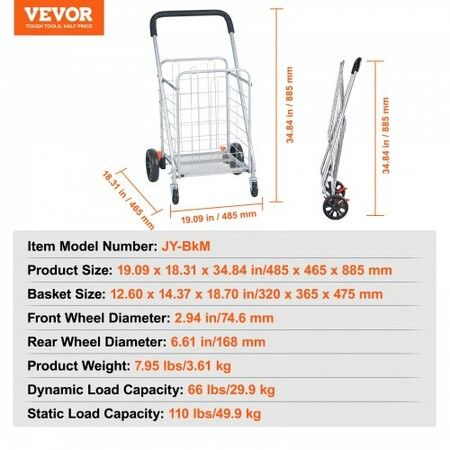 Folding Shopping Cart 110 lbs Max Load Capacity Grocery Utility Cart with Rolling Swivel Wheels Heavy Duty Foldable Laundry Basket Trolley Compact