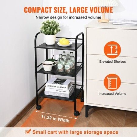 3-Tier Metal Rolling Cart Heavy Duty Utility Cart with Lockable Wheels Multi-Functional Storage Trolley with Handle for Office Living Room Kitchen Movable