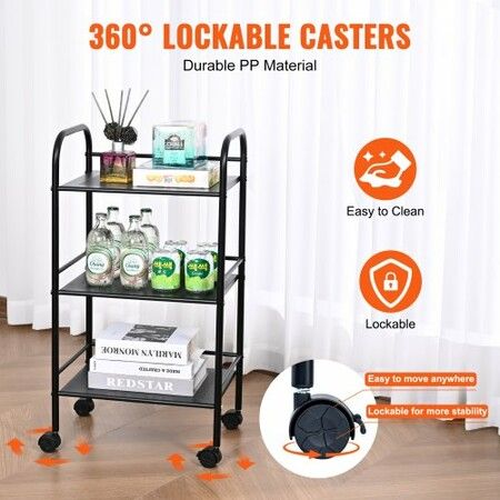 3-Tier Metal Rolling Cart Heavy Duty Utility Cart with Lockable Wheels Multi-Functional Storage Trolley with Handle for Office Living Room Kitchen Movable