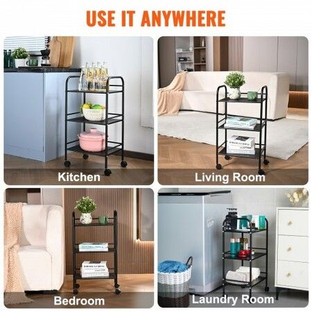 3-Tier Metal Rolling Cart Heavy Duty Utility Cart with Lockable Wheels Multi-Functional Storage Trolley with Handle for Office Living Room Kitchen Movable