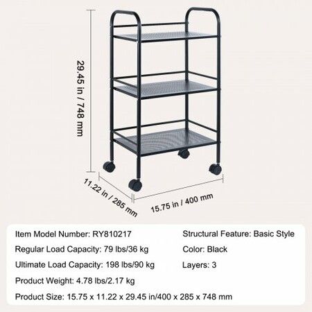 3-Tier Metal Rolling Cart Heavy Duty Utility Cart with Lockable Wheels Multi-Functional Storage Trolley with Handle for Office Living Room Kitchen Movable