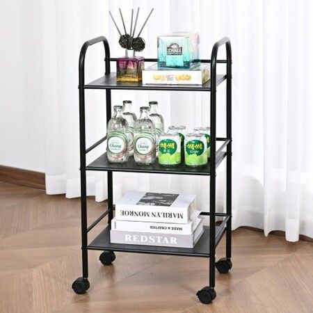 3-Tier Metal Rolling Cart Heavy Duty Utility Cart with Lockable Wheels Multi-Functional Storage Trolley with Handle for Office Living Room Kitchen Movable