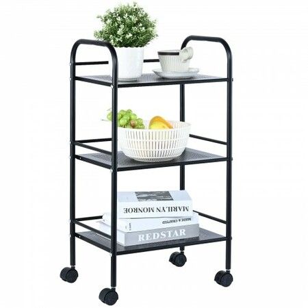 3-Tier Metal Rolling Cart Heavy Duty Utility Cart with Lockable Wheels Multi-Functional Storage Trolley with Handle for Office Living Room Kitchen Movable