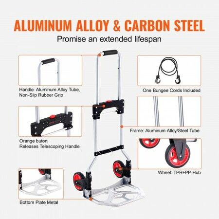 Folding Hand Truck 80 kg Load Capacity Aluminum Portable Cart Convertible Hand Truck and Dolly with Telescoping Handle and Rubber Wheels Ultra Lightweight