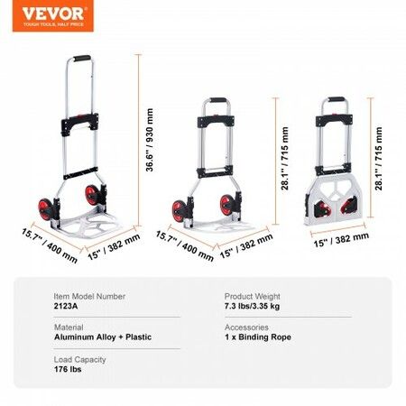 Folding Hand Truck 80 kg Load Capacity Aluminum Portable Cart Convertible Hand Truck and Dolly with Telescoping Handle and Rubber Wheels Ultra Lightweight