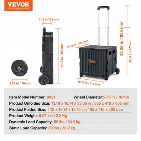 Foldable Utility Cart 36 kg Load Capacity Folding Portable Rolling Crate Handcart with Durable Heavy Duty Telescoping Handle and 2 Wheels