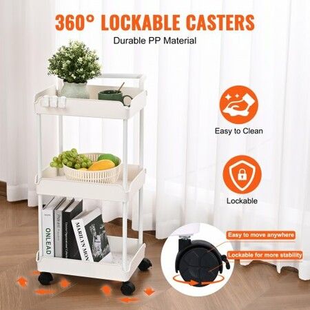 3-Tier Rolling Utility Cart Kitchen Cart with Lockable Wheels Multi-Functional Storage Trolley with Handle for Office Living Room Kitchen Movable Storage