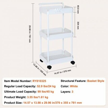 3-Tier Rolling Utility Cart Kitchen Cart with Lockable Wheels Multi-Functional Storage Trolley with Handle for Office Living Room Kitchen Movable Storage