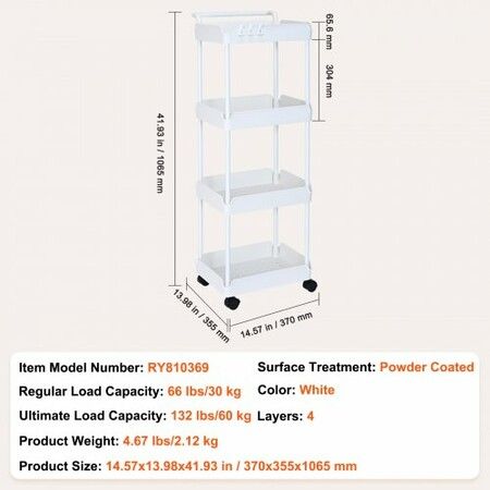 4-Tier Rolling Utility Cart Kitchen Cart with Lockable Wheels Multi-Functional Storage Trolley with Handle for Office Living Room Kitchen Movable Storage