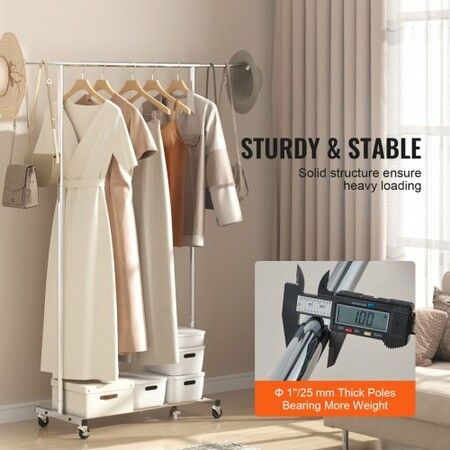 Clothes Rack with Wheels Heavy Duty Clothing Garment Rack with Hanging Rod and Bottom Storage Area Adjustable Length Clothing Rack 2 Lockable Wheels